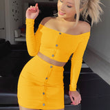 Cryptographic Fashion Outfits Bright Orange Women's Sets Buttons Long Sleeve Crop Tops Sexy Two Pieces Set Casual Bodycon Skirts