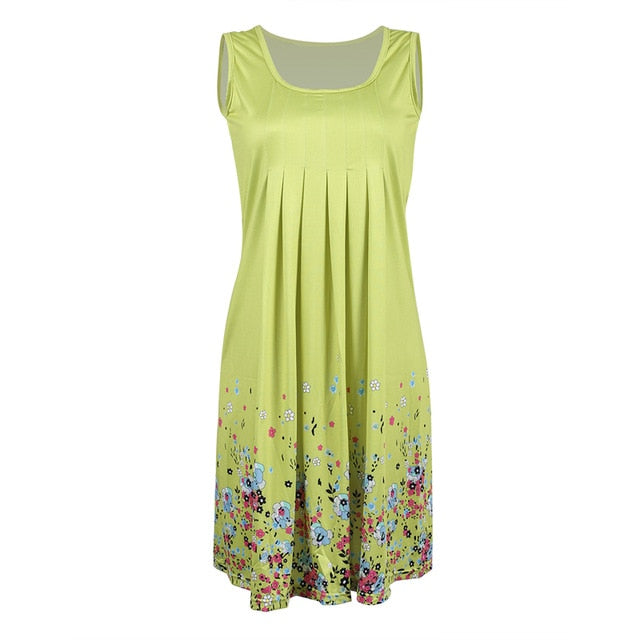 Womens Floral Sundress Knee Length Summer Loose Sleeveless Dresses Floral Print Fashion Beach Dress Summer Womens New PLUS SIZE