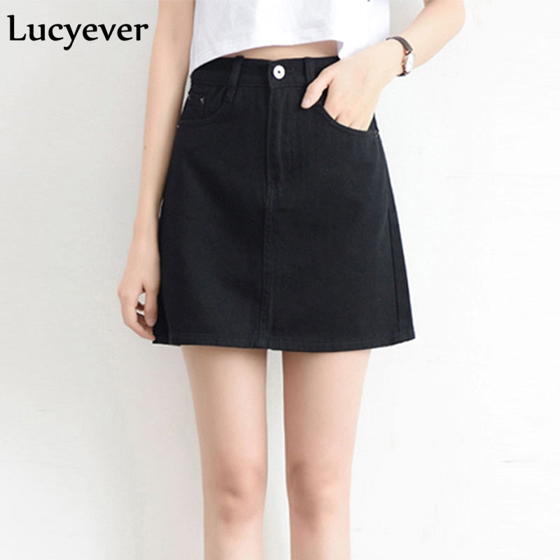 Lucyever Fashion Korean Summer Women Denim Skirt High Waist Black Mini Skirts Package Hip Blue Jeans Harajuku Plus Size Cotton