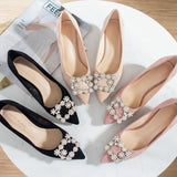 Shoes Woman 3.5cm High Heels Shoes Women Buckle Rhinestone Flock Point Toe Party Small Heels Sandals Office Lady Dress Pump Shoe
