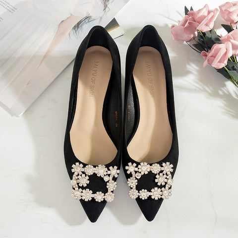 Shoes Woman 3.5cm High Heels Shoes Women Buckle Rhinestone Flock Point Toe Party Small Heels Sandals Office Lady Dress Pump Shoe