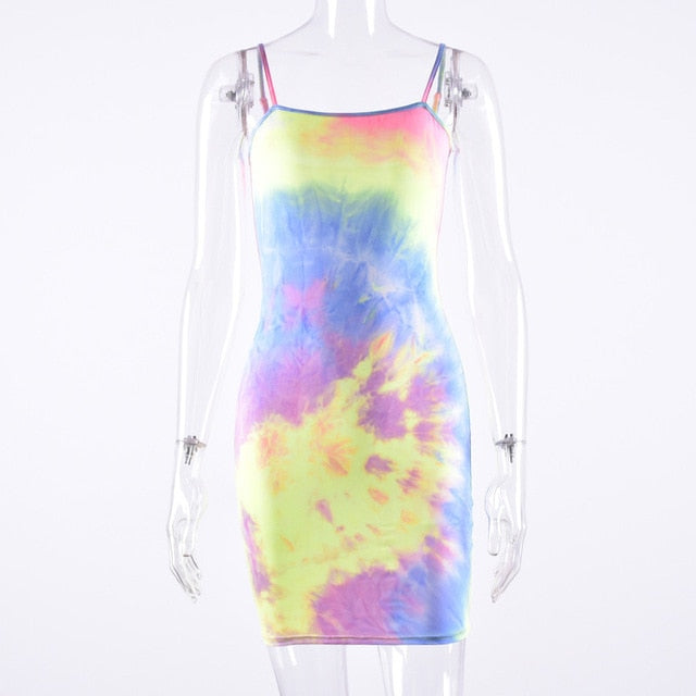 Hugcitar tie dye print colorful spaghetti straps sexy bodycon mini dress 2019 summer women fashion club party streetwear