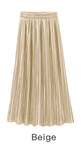 Trytree Summer Autumn Pleated Skirt Womens Vintage High Waist Skirt Solid Long Skirts New Fashion Metallic Skirt Female