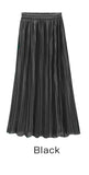 Trytree Summer Autumn Pleated Skirt Womens Vintage High Waist Skirt Solid Long Skirts New Fashion Metallic Skirt Female