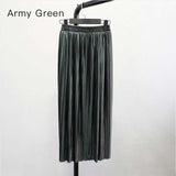 Trytree Summer Autumn Pleated Skirt Womens Vintage High Waist Skirt Solid Long Skirts New Fashion Metallic Skirt Female