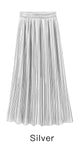 Trytree Summer Autumn Pleated Skirt Womens Vintage High Waist Skirt Solid Long Skirts New Fashion Metallic Skirt Female