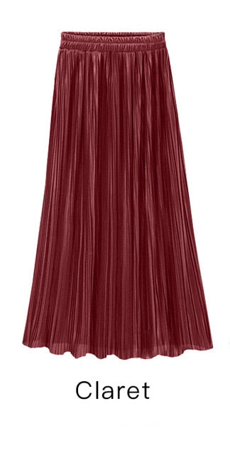 Trytree Summer Autumn Pleated Skirt Womens Vintage High Waist Skirt Solid Long Skirts New Fashion Metallic Skirt Female