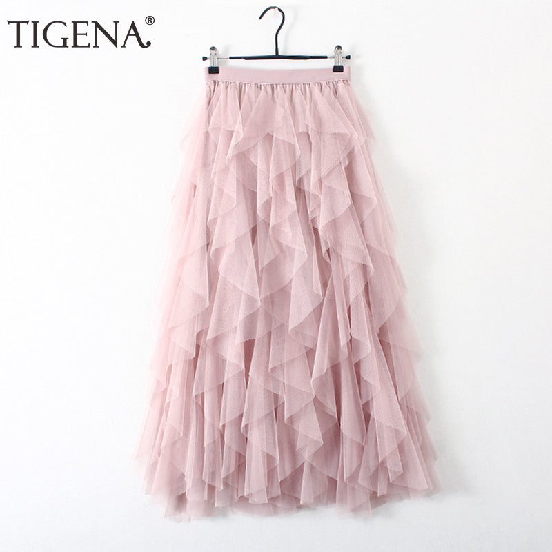 TIGENA Fashion Tutu Tulle Skirt Women Long Maxi Skirt 2019 Korean Cute Pink High Waist Pleated Skirt Female tiulowa spodnica