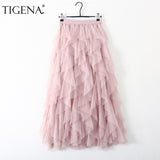 TIGENA Fashion Tutu Tulle Skirt Women Long Maxi Skirt 2019 Korean Cute Pink High Waist Pleated Skirt Female tiulowa spodnica