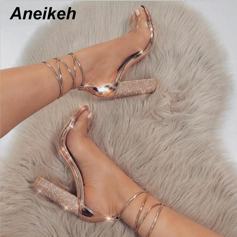 Aneikeh Women High Heels Sandals Summer Square Heels Crystal Heeled Platform Shoes Ladies Sexy Party Wedding Lace Up Shoes