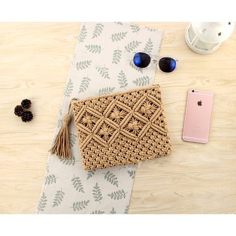 AEQUEEN Women Rattan Clutch Bag Female Straw Bag Bohemian Beach Party Bag Feminina Bolsa White Weaving Flap Handbag Ladies Purse