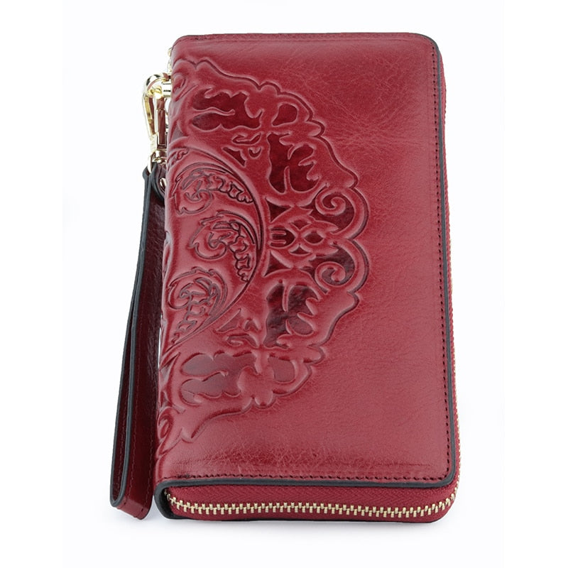 Luxurious 100% Genuine Oil Waxing Leather Flower Women Wallet 2018 Large Capacity Long Tassel Style Ladies Purses With Hand Rope