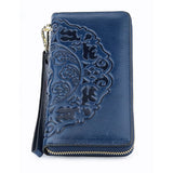 Luxurious 100% Genuine Oil Waxing Leather Flower Women Wallet 2018 Large Capacity Long Tassel Style Ladies Purses With Hand Rope