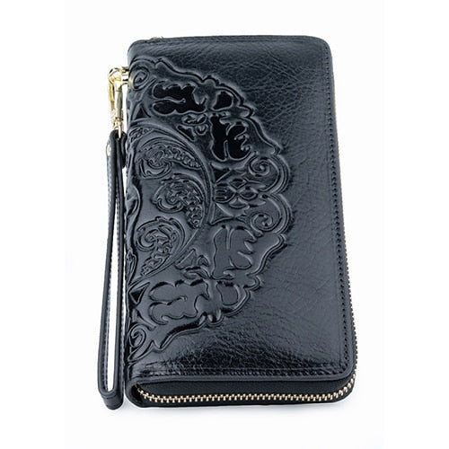 Luxurious 100% Genuine Oil Waxing Leather Flower Women Wallet 2018 Large Capacity Long Tassel Style Ladies Purses With Hand Rope