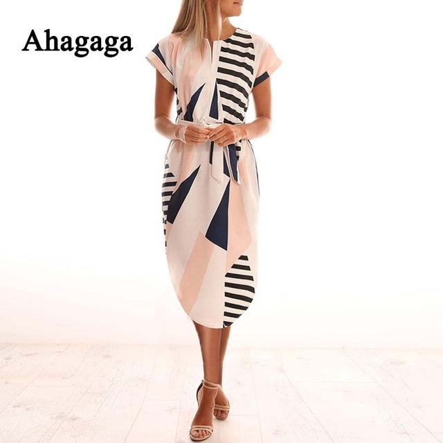 Ahagaga 2019 Spring Dress Women Fashion Print Elegant Cute Sashes O-neck Sexy Slim Sheath Dress Women Dresses Vestidos Robes