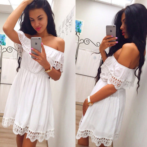 2018 Fashion Women Elegant Vintage sweet lace white Dress Stylish Sexy Slash Neck Casual Slim Beach Summer Sundress vestidos