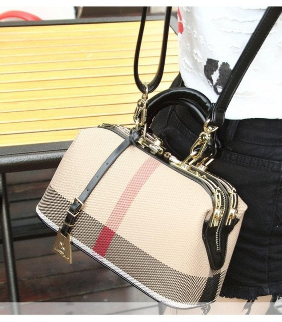 Ladies Hand Bag 2018 Women Canvas Leather Handbags Purses Plaid Doctor Bag High Quality Big Capacity Female Shoulder Bag Black
