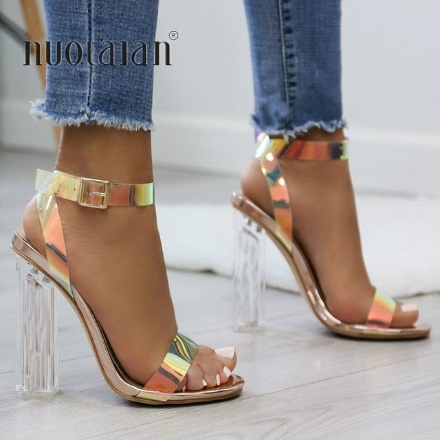 2019 Summer PVC Clear Transparent Strappy High Heels Shoes Women Sandals Peep Toe Sexy Party Female Ladies Shoes Woman Sandalias