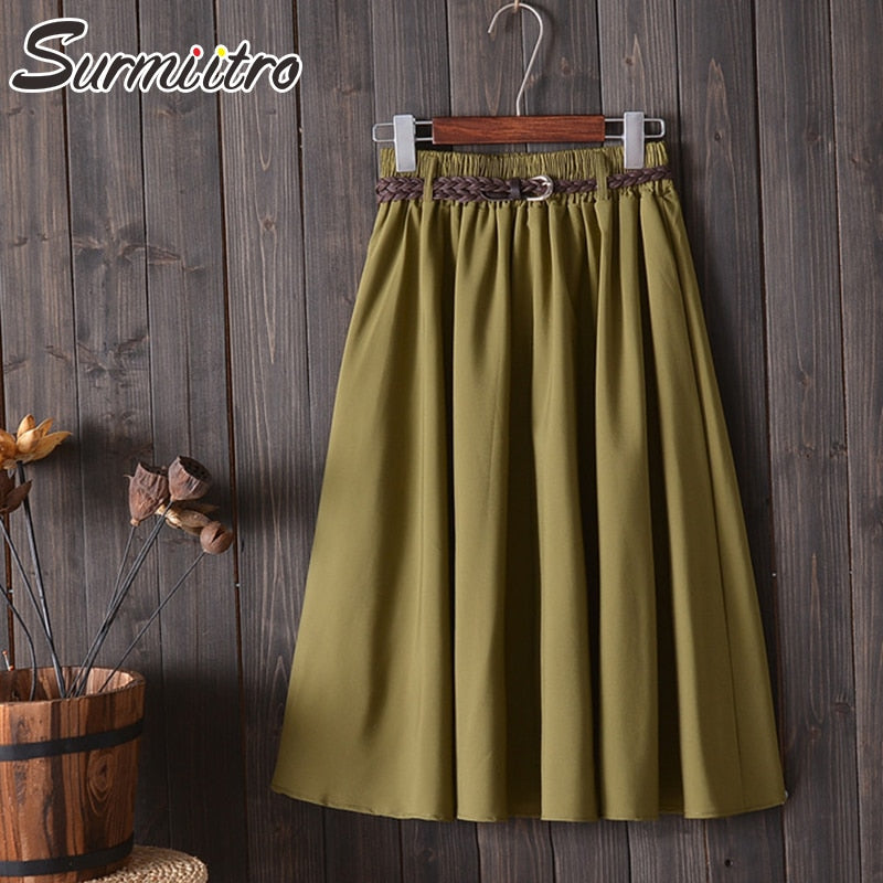 Surmiitro Midi Knee Length Summer Skirt Women With Belt 2019 Fashion Korean Ladies High Waist Pleated A-line School Skirt Female