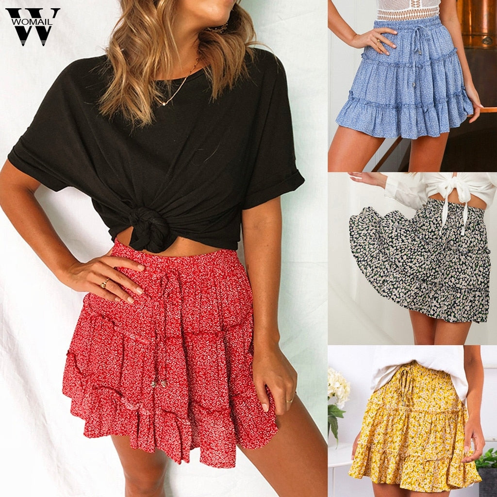 Womail Skirt Women Summer 2019 New Fashion Bohe High Waist Ruffled Floral Print Beach Short Skirt  NEW 2019 M27