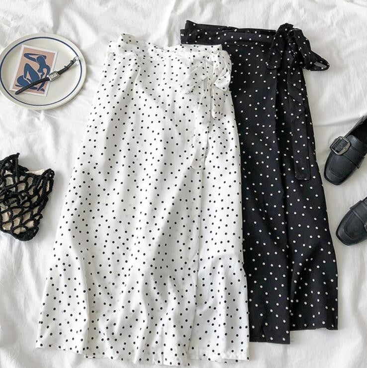 2019 New Women High Waist Polka Dots Skirt Elegant Midi Long Skirts Wrap Dots Chiffon Skirt Korean Fashion