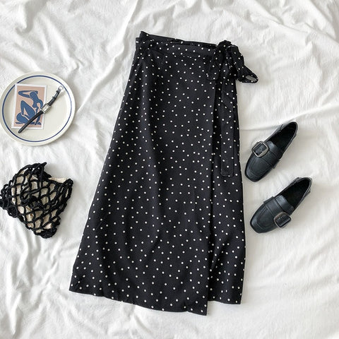 2019 New Women High Waist Polka Dots Skirt Elegant Midi Long Skirts Wrap Dots Chiffon Skirt Korean Fashion