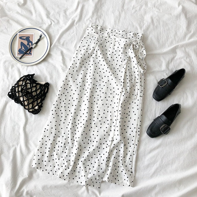 2019 New Women High Waist Polka Dots Skirt Elegant Midi Long Skirts Wrap Dots Chiffon Skirt Korean Fashion