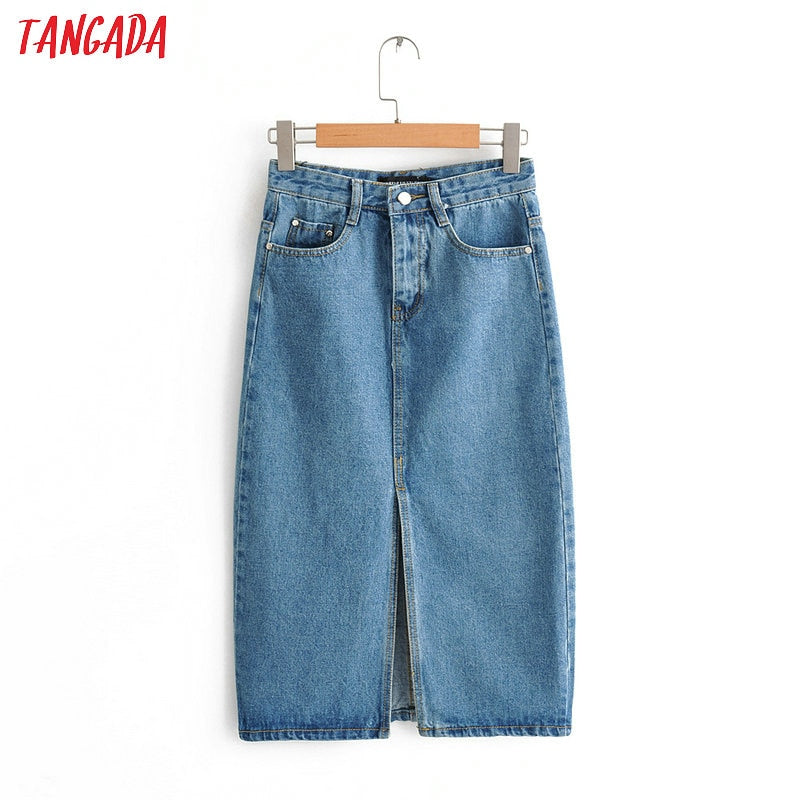 Tangada women sexy denim skirts 2019 korea fashion   pocket lady mid calf skirt high waist vintage skirts female FN66