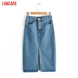 Tangada women sexy denim skirts 2019 korea fashion   pocket lady mid calf skirt high waist vintage skirts female FN66