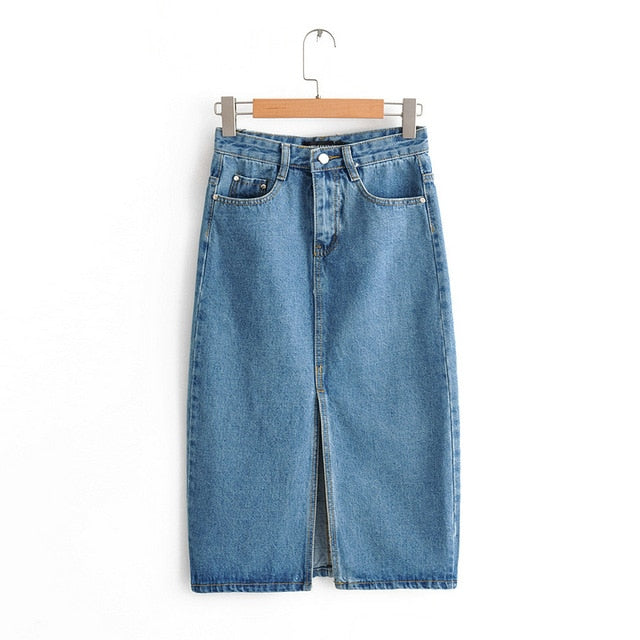 Tangada women sexy denim skirts 2019 korea fashion   pocket lady mid calf skirt high waist vintage skirts female FN66