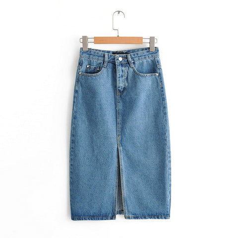 Tangada women sexy denim skirts 2019 korea fashion   pocket lady mid calf skirt high waist vintage skirts female FN66