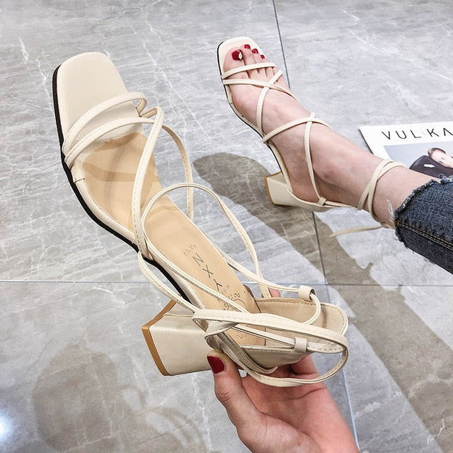 Cross Bandage High Heels Sandals Women Pumps Summer Fashion Lace-Up High Heels Peep Toe Shoes Female Square Heel Ladies Sandals