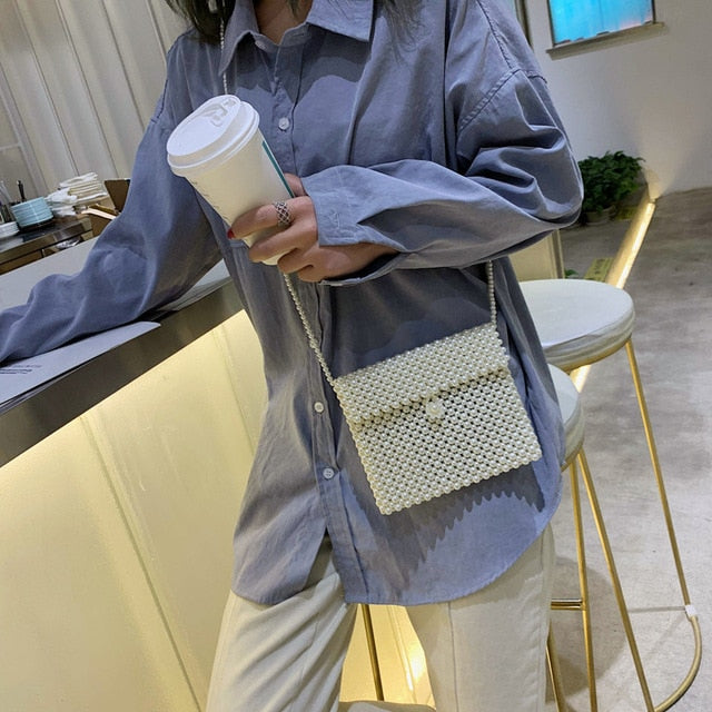 Brand Hand-woven Pearl Bags Solid Color Square Shoulder Bag Elegant Evening Clutch Purses Party Vintage Luxury Handbags New 2019