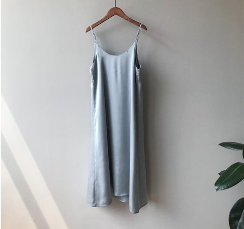 2019 women summer satin dress luxury shiny sundress vintage imitation silk dress korean fashion